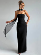 Scarf Collar Strapless Maxi Dress
