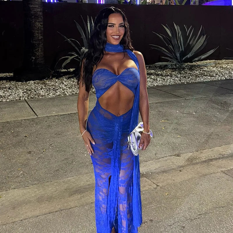 High-Slit Lace Evening Dress
