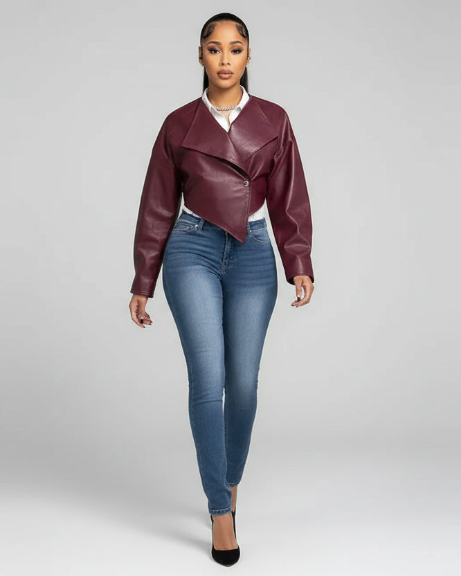 Cross-Neck Faux Leather Jacket