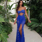 High-Slit Lace Evening Dress