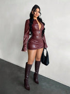 Wine Red Leather Mini Dress