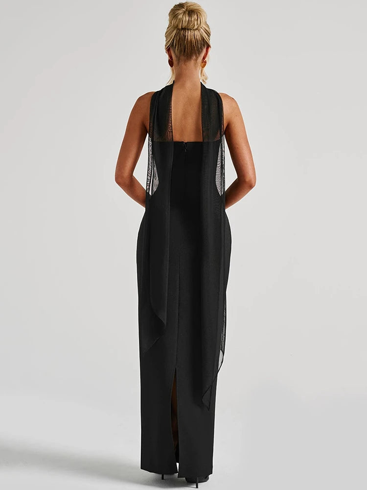 Scarf Collar Strapless Maxi Dress