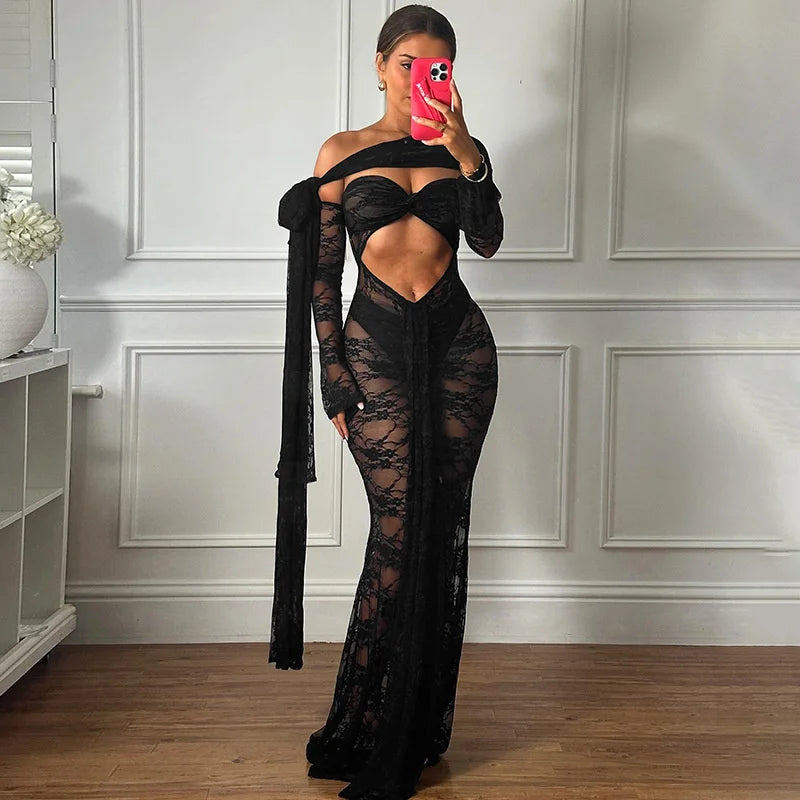 High-Slit Lace Evening Dress