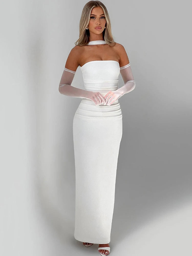 Scarf Collar Strapless Maxi Dress