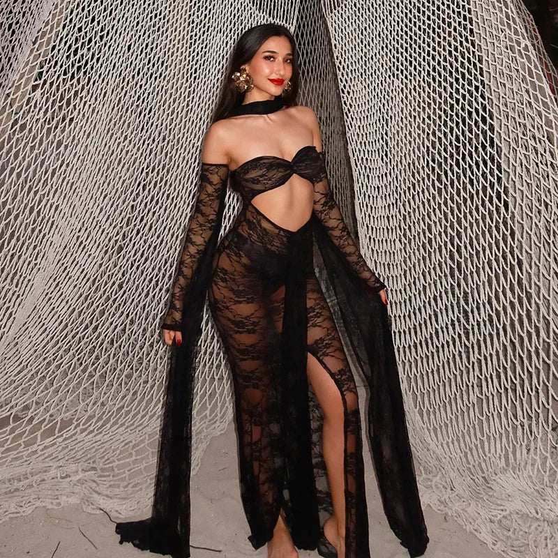 High-Slit Lace Evening Dress