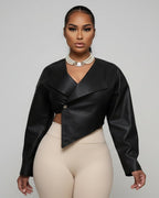 Cross-Neck Faux Leather Jacket