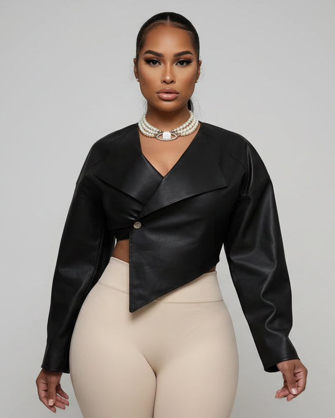 Cross-Neck Faux Leather Jacket