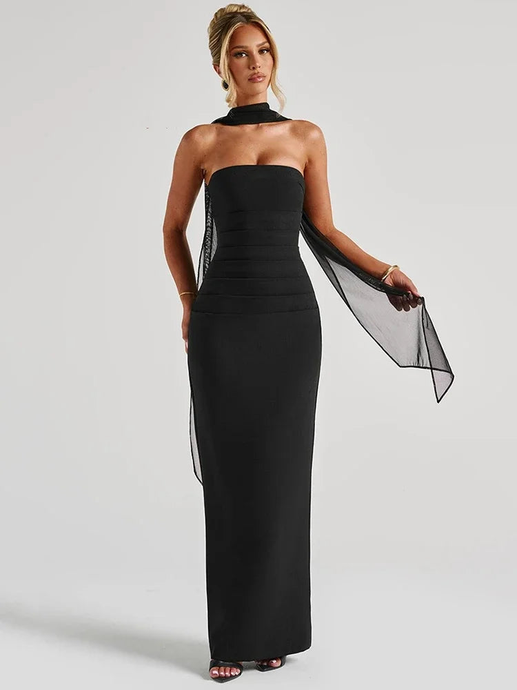 Scarf Collar Strapless Maxi Dress