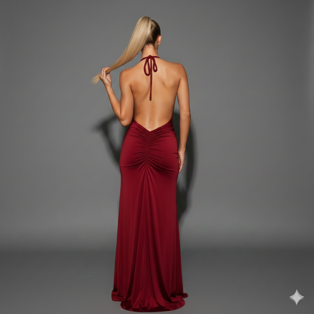 Woman wearing a burgundy evening gown with a halter neck design on a gray background